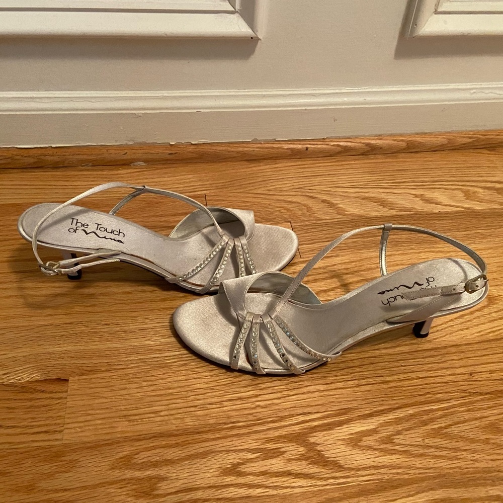 Silver and rhinestone straps heeled sandals